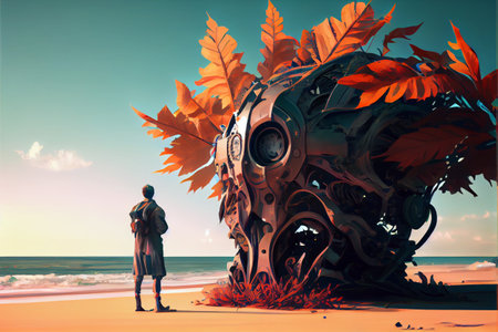 A man looking at a giant ancient engine on the beach. Digital art style, generative AI illustrationの素材