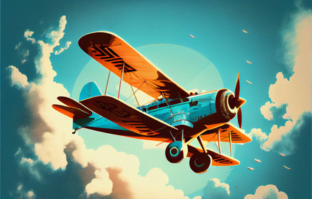 Classic plane flying in the beautiful blue sky. Digital art style. Generative AI illustrationの素材