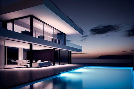 Beautiful residential villa. Modern architecture with swimming pool, a tree and sea view while sunset. Generative AI illustrationの素材