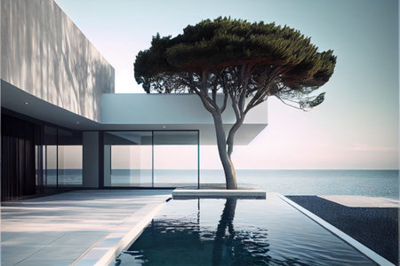 Beautiful residential villa. Modern architecture with swimming pool, a tree and sea view. Generative AI illustrationの素材