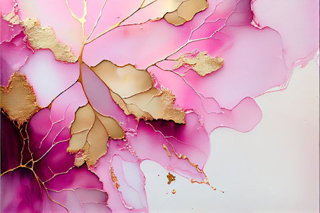 Alcohol ink painting pink abstract. Pastel tones with golden cracks background isolated on white. Generative ai illustrationの素材