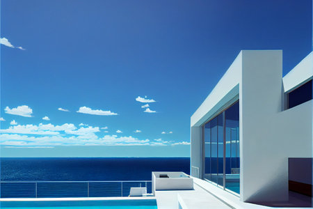 Breathtaking residential villa. Modern architecture with swimming pool and sea view. Generative AI illustrationの素材