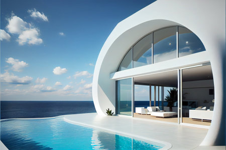 Luxury residential villa. Modern architecture with beautiful swimming pool and sea view. Generative AI illustrationの素材