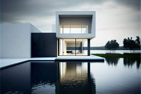 Beautiful and luxury residential minimalist villa. Architecture with swimming pool and lake view. Generative AI illustrationの素材