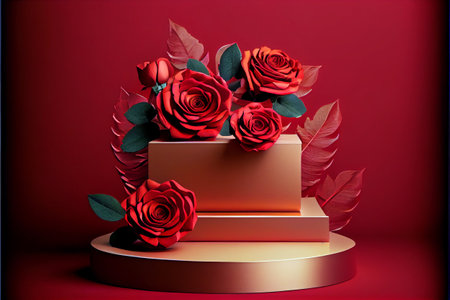 Empty podium placement on solid red background with rose petals. Generative AI illustrationの素材