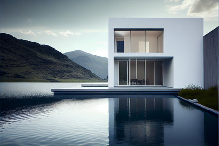 Beautiful and luxury residential minimalist villa. Modern architecture with swimming pool and mountain view. Generative AI illustrationの素材