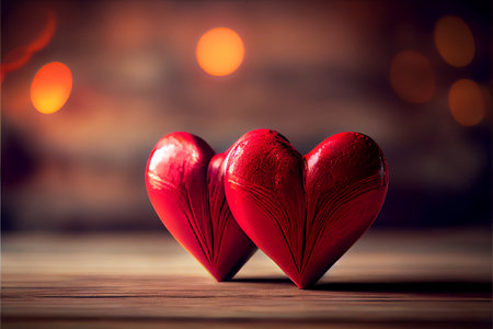 Two hearts on the wooden table with shiny bokeh background. Generative ai illustrationの素材