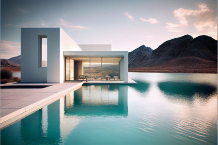 Beautiful and luxury residential minimalist villa. Modern architecture with swimming pool and mountain view. Generative AI illustrationの素材