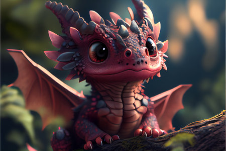 Cute red little baby dragon standing in the peaceful forest. CG artwork concept. Generative AI illustrationの素材