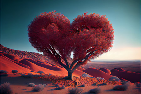Beautiful fantasy red tree love on the field in watercolor painting style. Generative AI illustrationの素材