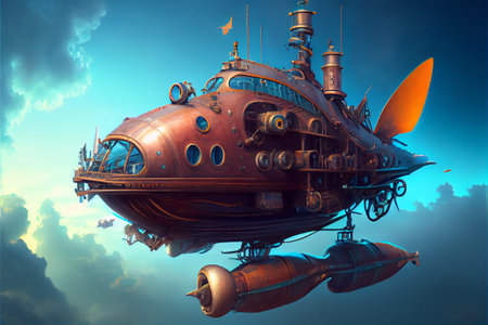 A large red flying machine floats above the clouds. Digital art style, generative AI illustrationの素材