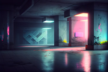 Abstract concrete basement with blue and red neon lights . Generative AI illustrationの素材