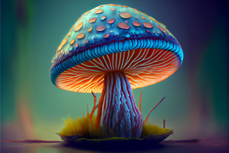 Beautiful fantasy mushroom with glowing pastel colors on blurred bokeh background. Generative ai illustrationの素材