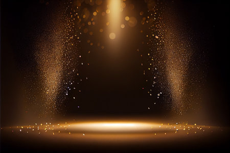 Golden confetti on empty festive stage with light. Generative AI illustrationの素材