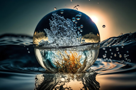 Ball of clean water suspended in the air ripples and splash with sun on the background, generative ai illustrationの素材