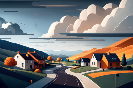 Beautiful residential view with houses, road and clouds in cartoon style. Generative ai illustrationの素材