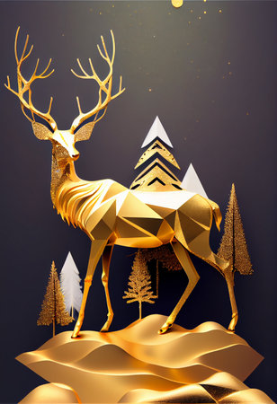 Illustration of a golden nordic deer with spruce trees on mountain. Generative ai illustrationの素材