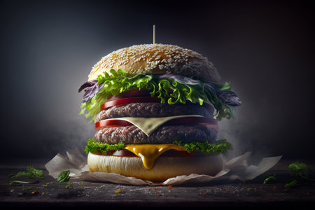 Classic proportion burger on wooden table with cinematic lighting. Generative AI illustrationの素材