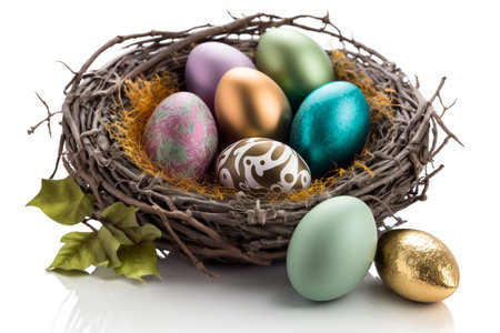 Colorful easter eggs on nest with leaves on white floor. Generative AI illustrationの素材