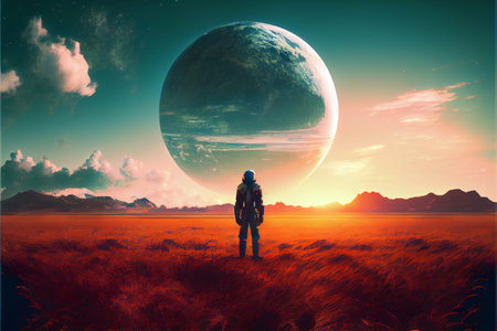 A sci-fi scene showing an astronaut standing in a field looking at a planet. Digital art style. Generative AI illustrationの素材