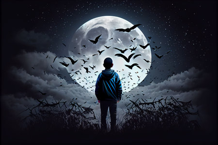 A boy standing with birds flying around staring at the moon. Digital art style. Generative AI illustrationの素材