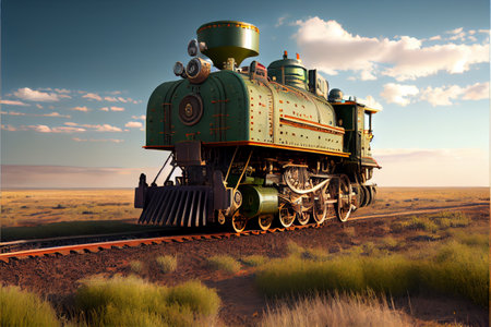 Green classic transport train locomotive on blue sky background. Digital art style, generative AI illustrationの素材