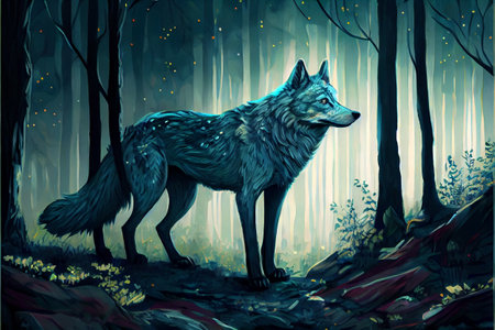 Painting o white wolf standing in a magical forest. Digital art style. Generative AI illustrationの素材