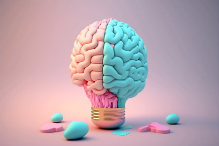 A light bulb shaped like a human brain with soft pastel color. Generative AI illustrationの素材
