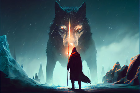 Man in the hood with spear facing the giant winter wolf. Digital art stye, generative ai illustrationの素材