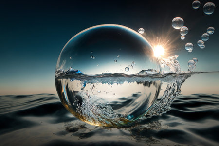 Ball of clean water suspended in the air ripples and splash with sun on the background, generative ai illustrationの素材