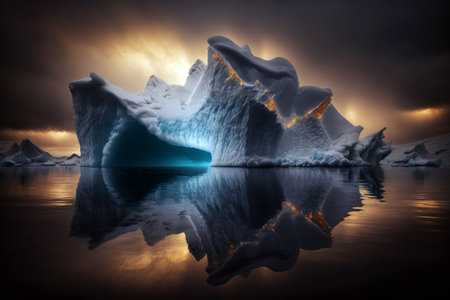 Breathtaking Iceberg with beautiful reflection on the sea concept with dramatic sky. Generative ai illustrationの素材