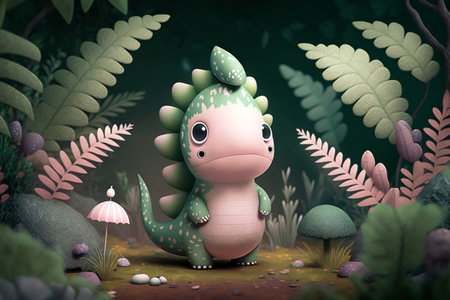 Very cute little baby dragon with pastel color standing in the peaceful forest. CG artwork concept. Generative AI illustrationの素材