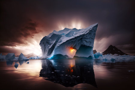 Wonderful Iceberg with beautiful reflection on the sea concept with dramatic sky. Generative ai illustrationの素材