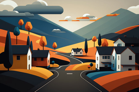 Residential view with houses, road and clouds in cartoon style. Generative ai illustrationの素材