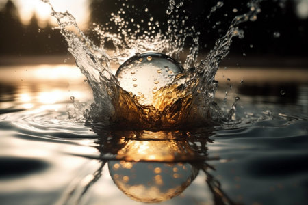 Ball of clean water suspended in the air ripples and splash, generative ai illustrationの素材