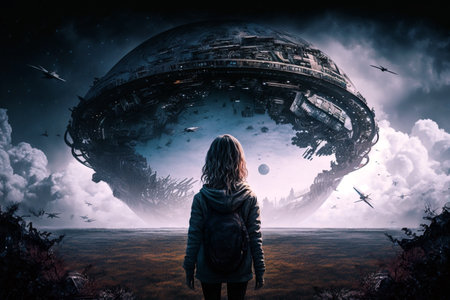 Girl standing and looking for giant alien ship. Digital art generative AIの素材