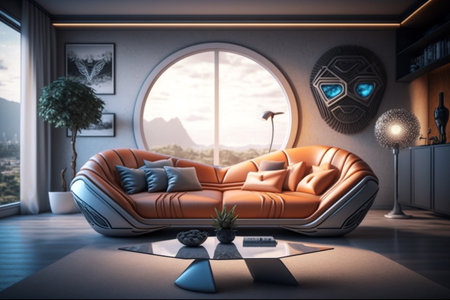 Futuristic living room with futuristic sofa and table. Generative ai conceptの素材