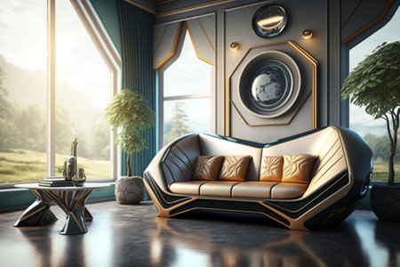Futuristic living room with futuristic sofa and table. Generative ai conceptの素材
