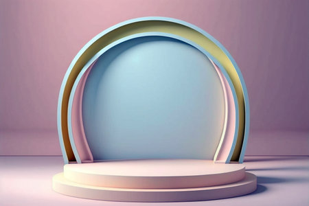 Empty podium mock-up for product display with blue and pink pastel color. Generative AI illustrationの素材