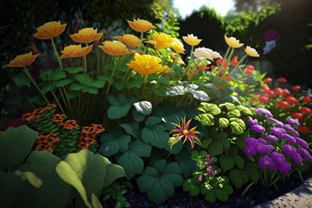 Beautiful garden full of nice flowers in a sunny day. Generative ai illustrationの素材