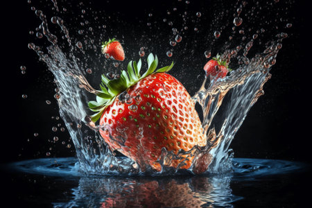 Creative food photography of strawberry falling into clean water on black background. Generative ai illustrationの素材