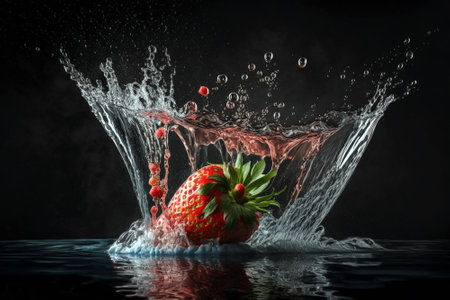 Creative food photography of strawberry falling into clean water on black background. Generative ai illustrationの素材
