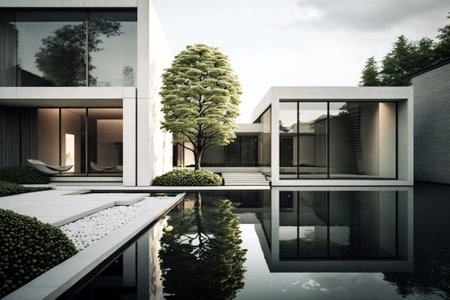 Luxurious house with minimalist contemporary architecture and swimming pool. Generative ai illustrationの素材