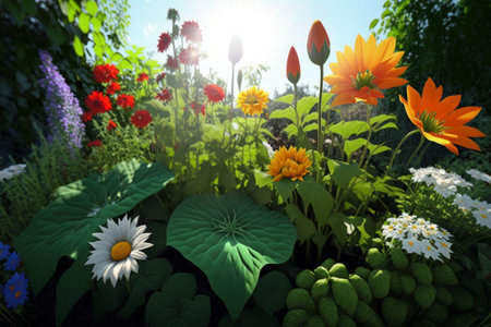 Beautiful garden full of nice and colorful flowers. Generative ai illustrationの素材