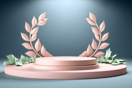 Beautiful empty podium mock-up for product display with pink color and plants decoration on blue background. Generative AI illustrationの素材