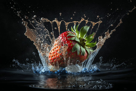 Creative food photography of strawberry falling into clean water. Generative ai illustrationの素材