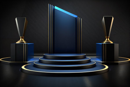 Modern black and blue empty stage podium scene for award, celebration, or product displayの素材