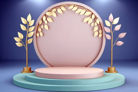 Beautiful empty podium mock-up for product display with pink color and plants decoration on purple background. Generative AI illustrationの素材