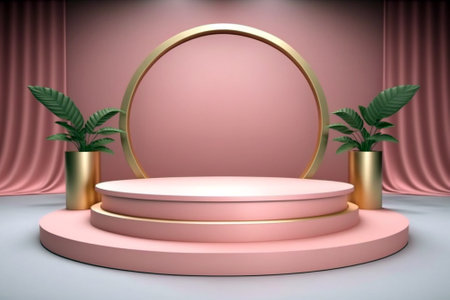 Beautiful empty podium mock-up for product display with pink color and plants decoration. Generative AI illustrationの素材