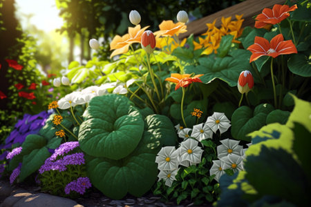 Beautiful garden full of nice flowers in a sunny day. Generative ai illustrationの素材